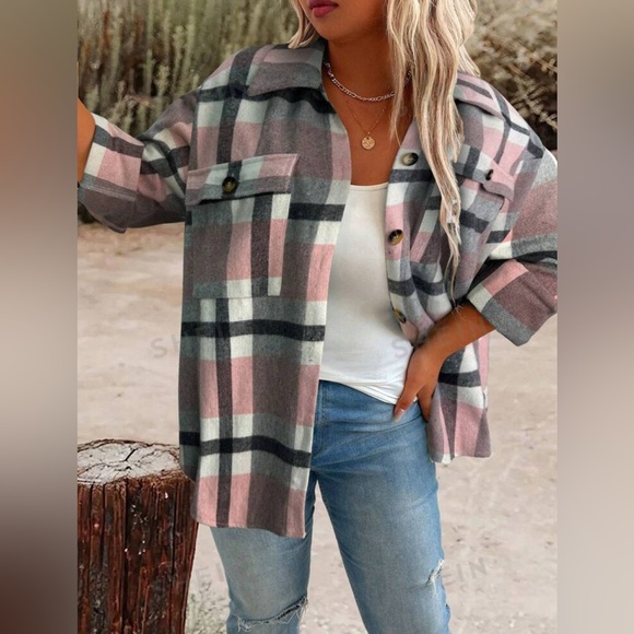 SHEIN LUNE Plus Size Plaid Pattern Flap Pocket Casual Light Jacket, Shacket NEW! - Picture 4 of 4